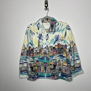 Studio Works Shirt Jacket Womens Medium Cityscape Cotton Button Art To Wear